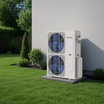 White dual-fan heat pump on C&H Sophia Series condenser pad with shock-absorbing base