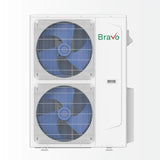 White Bravo Milano 42,000 BTU ductless mini split outdoor condenser with blue fans