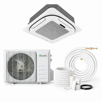 White bravo pisa ceiling cassette with gray panel and silver grille plus outdoor condenser 9000 btu single zone heat pump