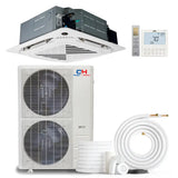 White cooper & hunter ductless mini split ceiling cassette air conditioner with dual fans and outdoor condenser unit