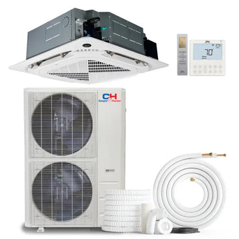 White cooper & hunter ductless mini split ceiling cassette air conditioner with dual fans and outdoor condenser unit