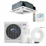 White Cooper & Hunter 36000 BTU Ductless Mini Split Ceiling Cassette Air Conditioner with outdoor condenser, remote control, and wall thermostat