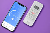 Smartphone shows temperature control app with Cooper & Hunter PTAC packaged terminal remote