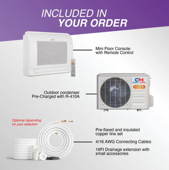 White mini floor console mini split with remote for cooper hunter hyper heat 16000 btu ductless system