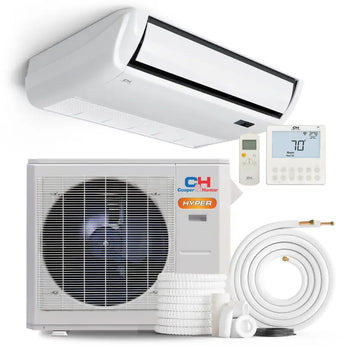 White cooper and hunter hyper ceiling-mounted ductless mini split air conditioner with black trim and modern design