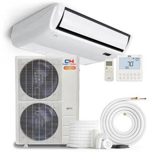 White cooper hunter hyper ceiling-mounted mini split air conditioner with black trim and r454b refrigerant display