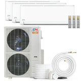 White cooper hunter olivia hyper ductless mini split ac with two outdoor units and three indoor wall-mounted panels