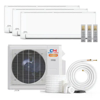 White cooper and hunter olivia hyper ductless mini split ac with sleek design and matching remotes for 3-zone cooling