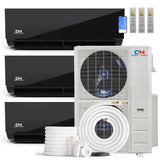 Black glossy cooper hunter olivia midnight mini split indoor units with remotes and white outdoor r454b condenser unit