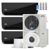 Black glossy cooper hunter olivia midnight mini split indoor units with remotes and white outdoor r454b condenser unit