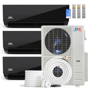 Black glossy cooper hunter olivia midnight mini split indoor units with remotes and white outdoor r454b condenser unit