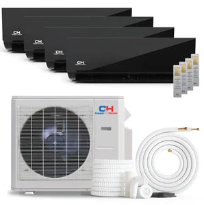Black glossy Cooper Hunter Olivia Midnight mini split with four wall-mounted units and white outdoor r454b condenser