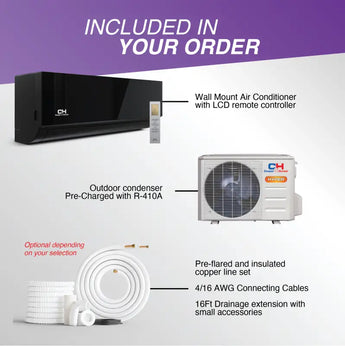 Black olivia midnight mini split air conditioner with lcd remote uses r454b refrigerant for efficient heating and cooling