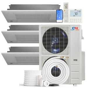 Cooper&Hunter 60,000 BTU 3-Zone One-Way Cassette Mini Split kit with R454B refrigerant, 230V, SEER2 22 — 3 indoor units, outdoor condenser and line-set