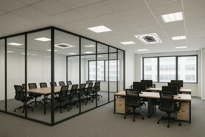 Glass wall conference room divider with black metal frame and modern design.