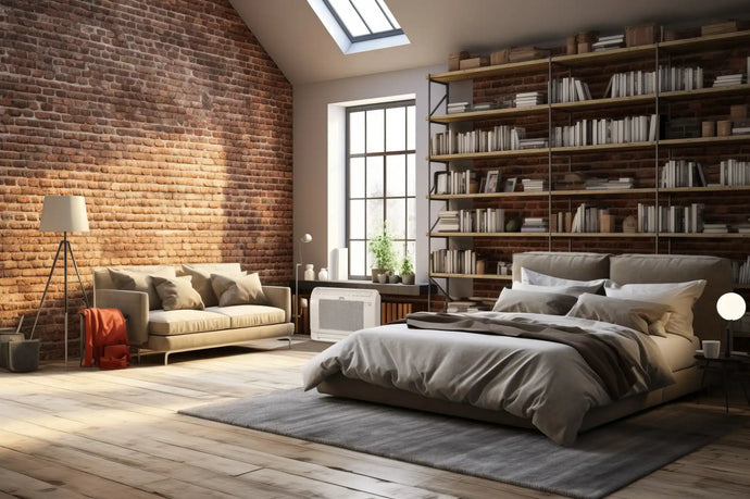 Modern gray upholstered bed with wooden frame and headboard, large bookshelf behind it.