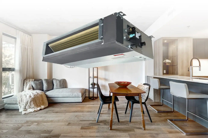 Modern white and gray ductless mini-split air conditioner with sleek design, suitable for small to medium-sized rooms.