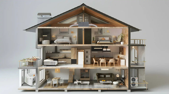 Modern wooden dollhouse with glass windows and a gray roof.