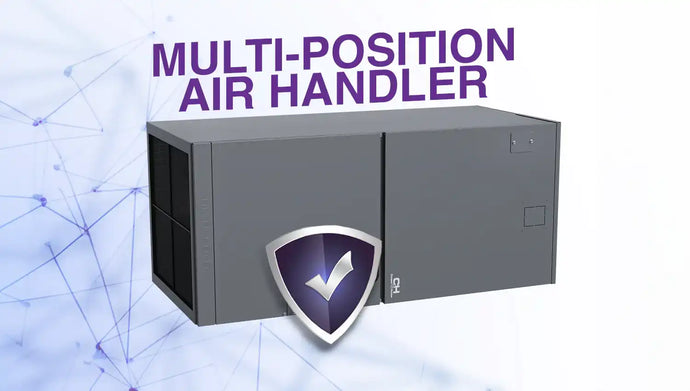 Multi-position air handler gray box with checkmark shield logo on front