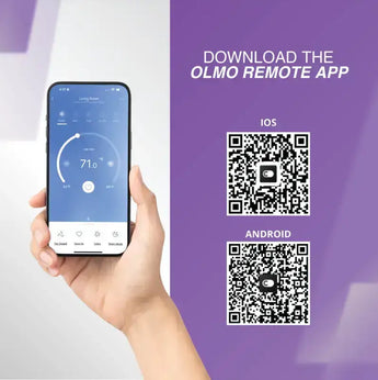 Hand with phone showing Olmo app temp controls for Sierra Series ductless mini split