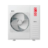 White Olmo ductless mini split outdoor unit with wire mesh grille