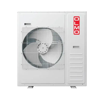White Olmo ductless mini split outdoor unit with wire mesh grille