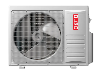 OLMO Sierra 18k BTU outdoor condenser with R410A refrigerant, silver grille, fan