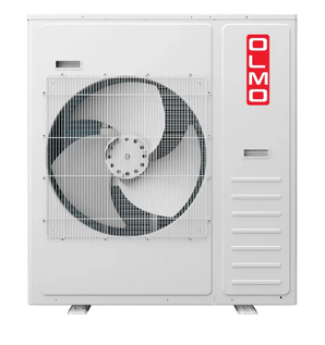 White OLMO Sierra 36k BTU outdoor condenser with R410A refrigerant grille