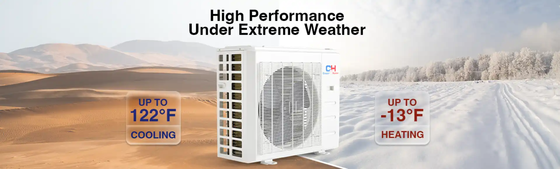 An outdoor air conditioning unit designed for high performance in extreme hot and cold weather.