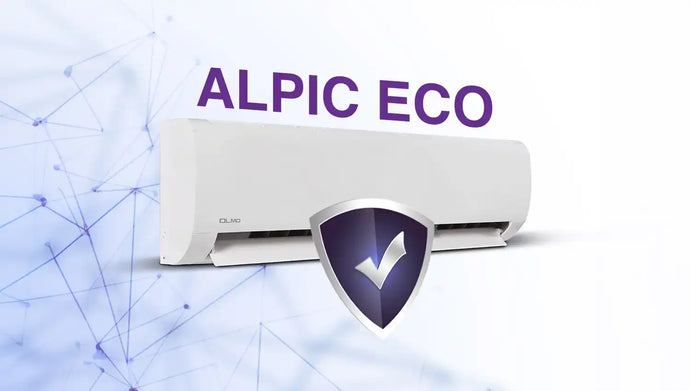 White air conditioner with purple ’alpic eco’ text and shield logo.