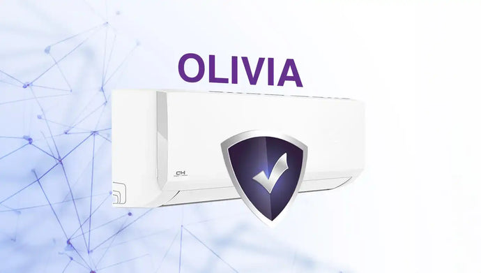 White air conditioner with purple shield logo and ’olivia’ text.