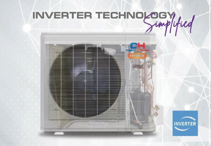 White air conditioning unit with black fan and copper tubing design.