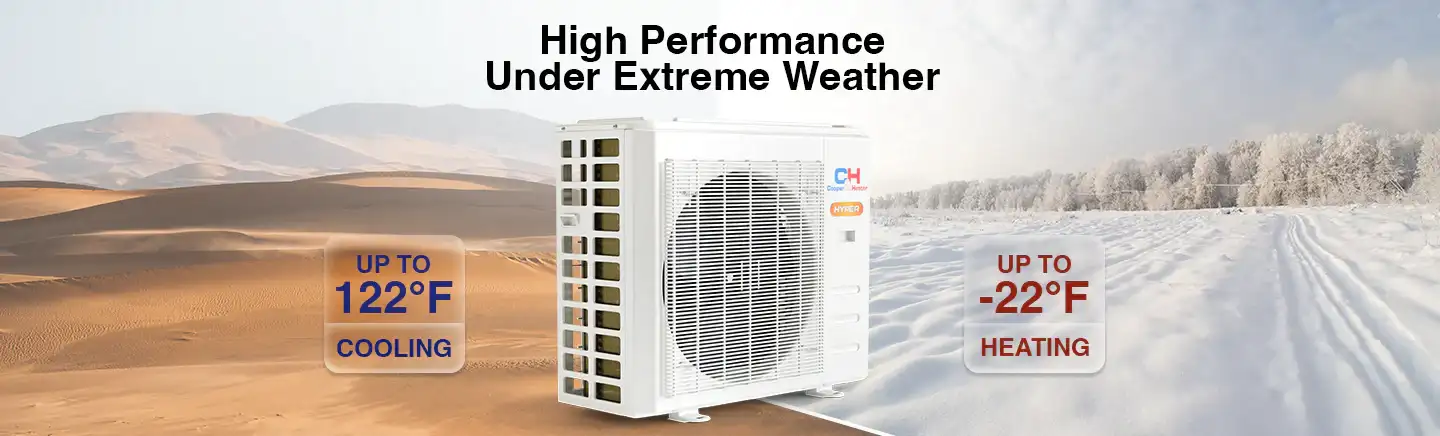 White air conditioning unit with black text and orange accents, designed for extreme weather conditions.
