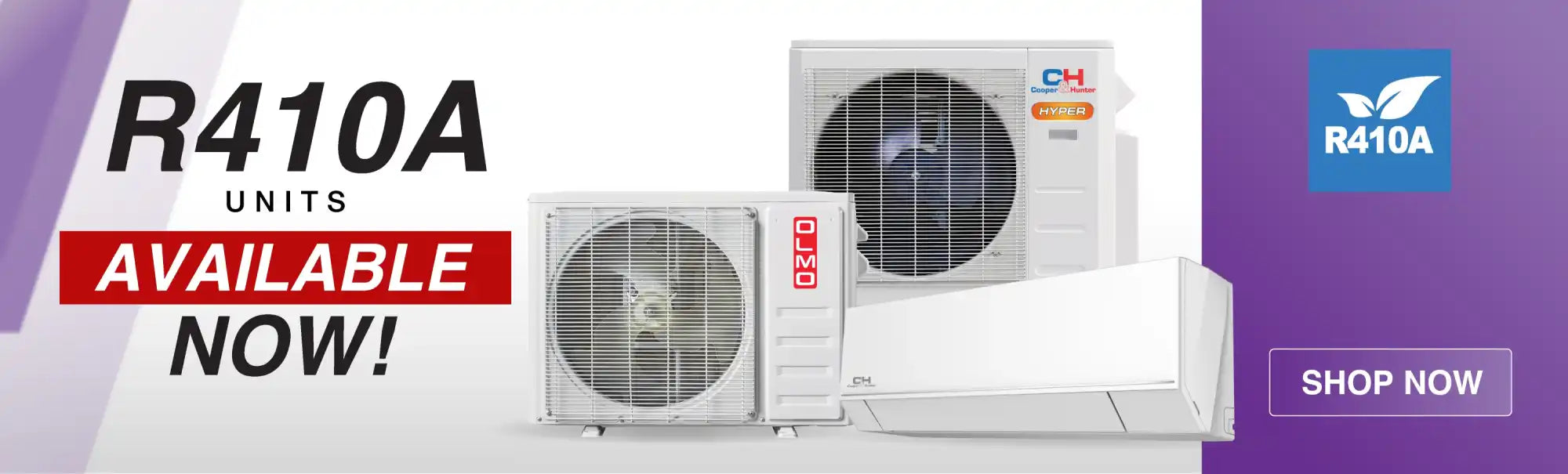 White air conditioning unit with blue and red accents, modern design.