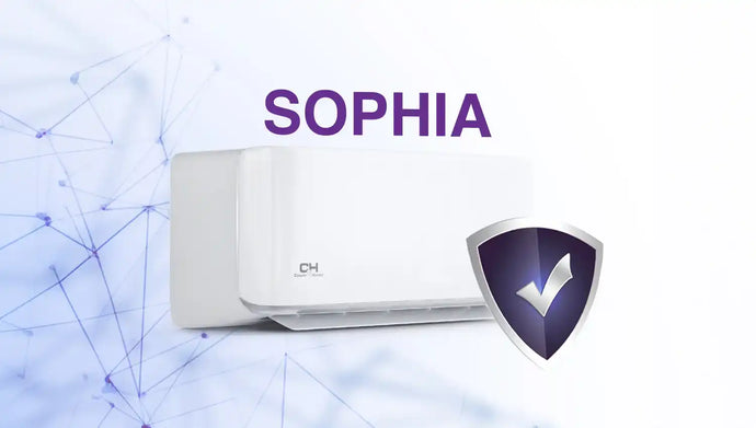 White air conditioning unit with purple text and shield logo.