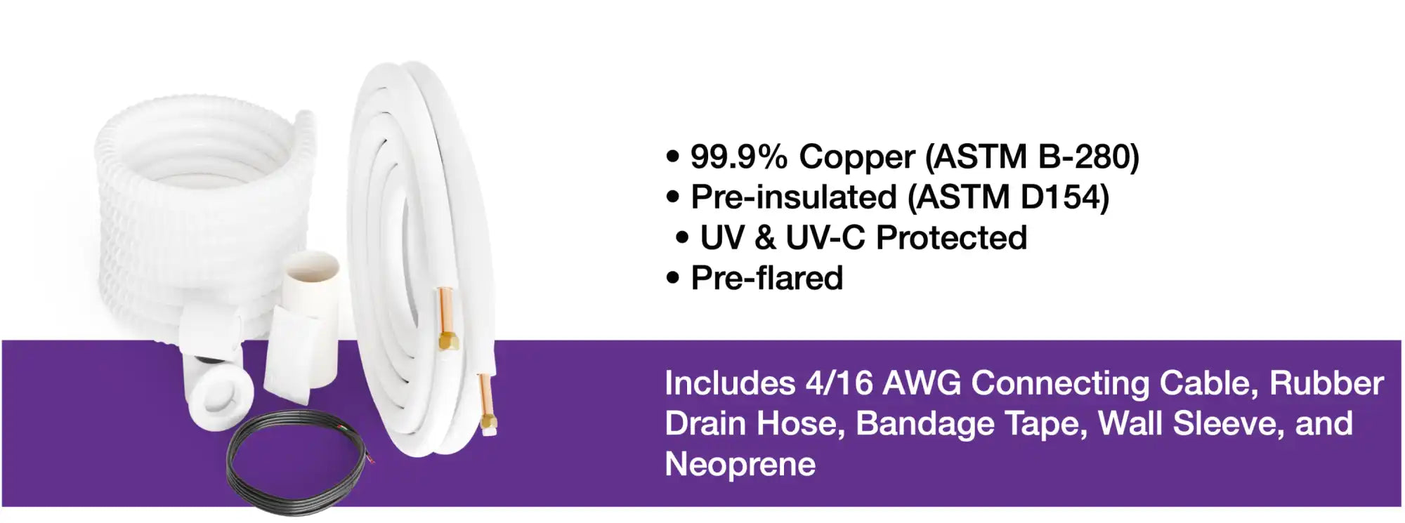White copper drain pipe with pre-insulated and uv-c protected design, featuring 4/16 awg connecting cable and neoprene sleeve.