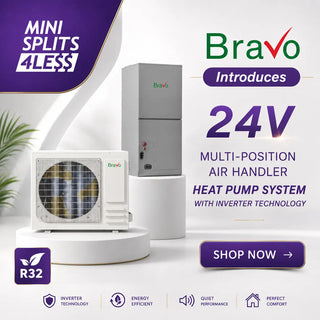 White and gray bravo 24v multi-position air handler heat pump system with inverter technology.