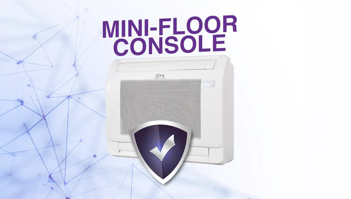 White mini-floor console air conditioner with a shield design and purple text.