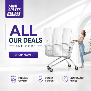 White rectangular mini split air conditioning units in a shopping cart