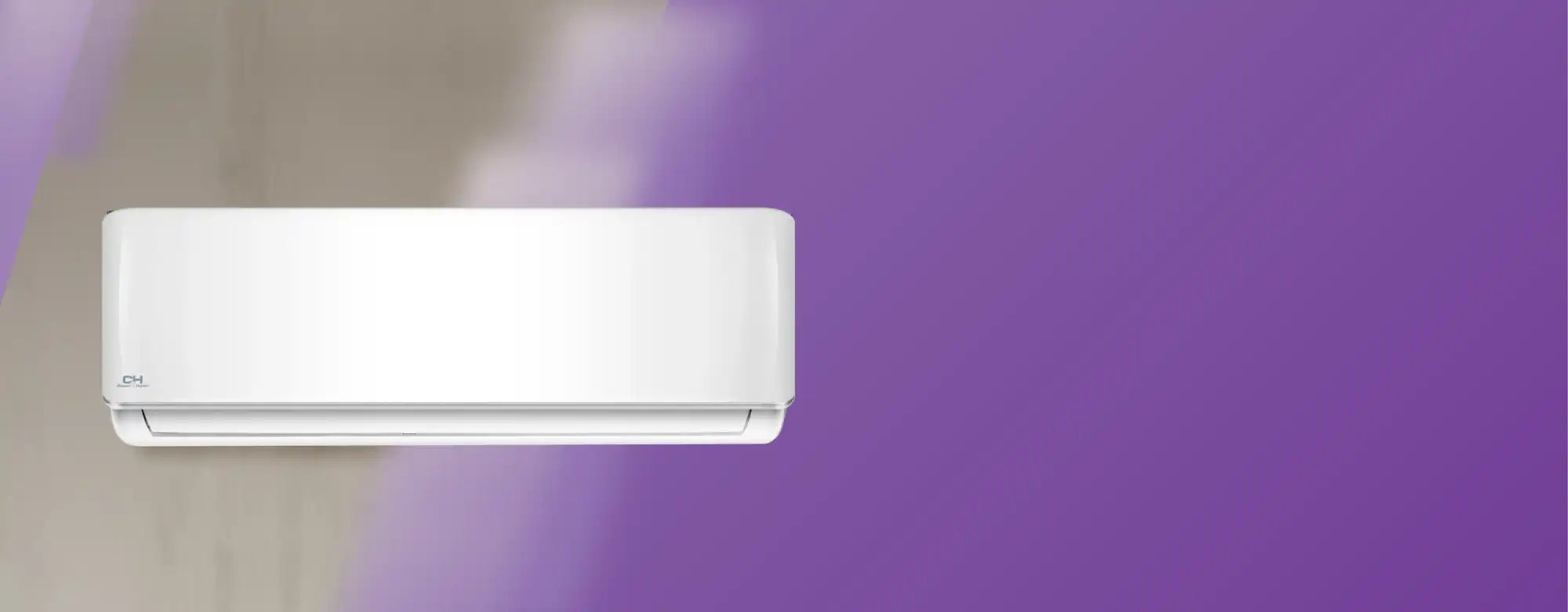 White wall-mounted air conditioner unit with sleek design and modern aesthetic.