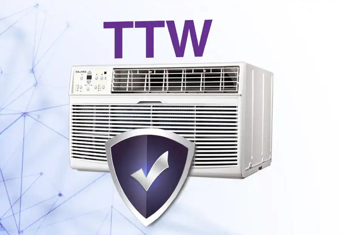 White window air conditioner with purple shield and checkmark logo.