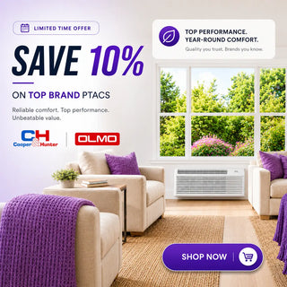 White window-mounted air conditioner with horizontal slats and a sleek, modern design.