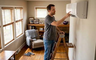 Homeowner adjusting wall-mounted mini split unit