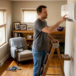 Homeowner adjusting wall-mounted mini split unit