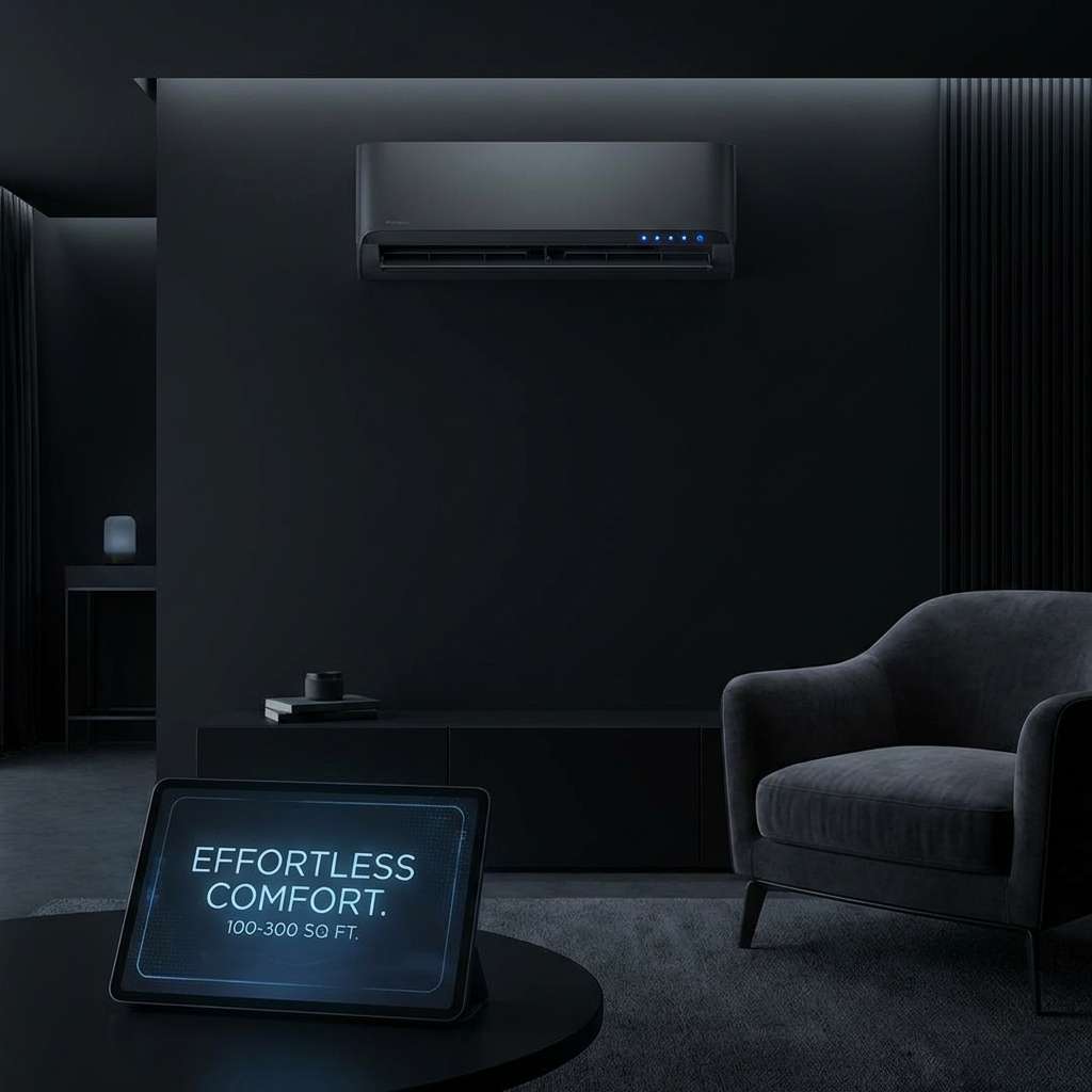 Black minimalist wall-mounted air conditioner with sleek design and blue led lights for 100-300 sq ft best buy ac