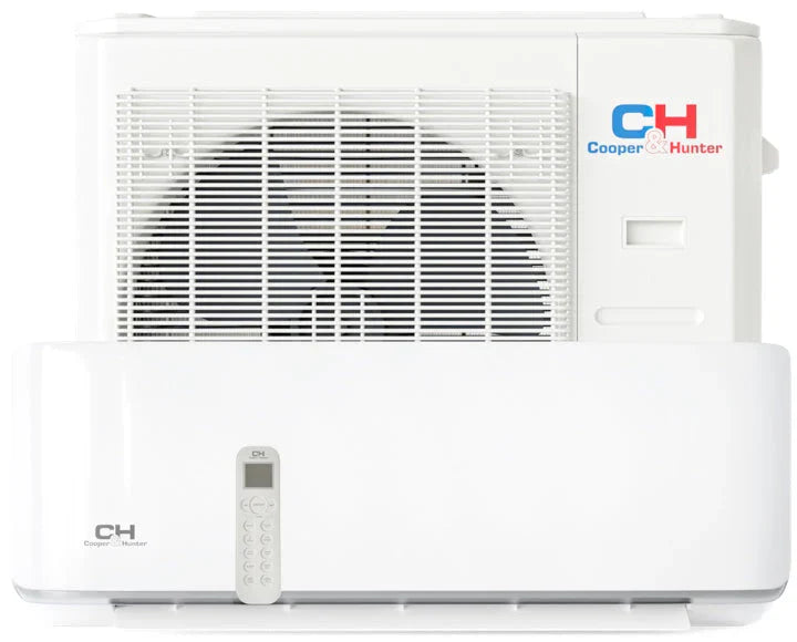 White Cooper & Hunter 12,000 BTU ductless mini split outdoor unit