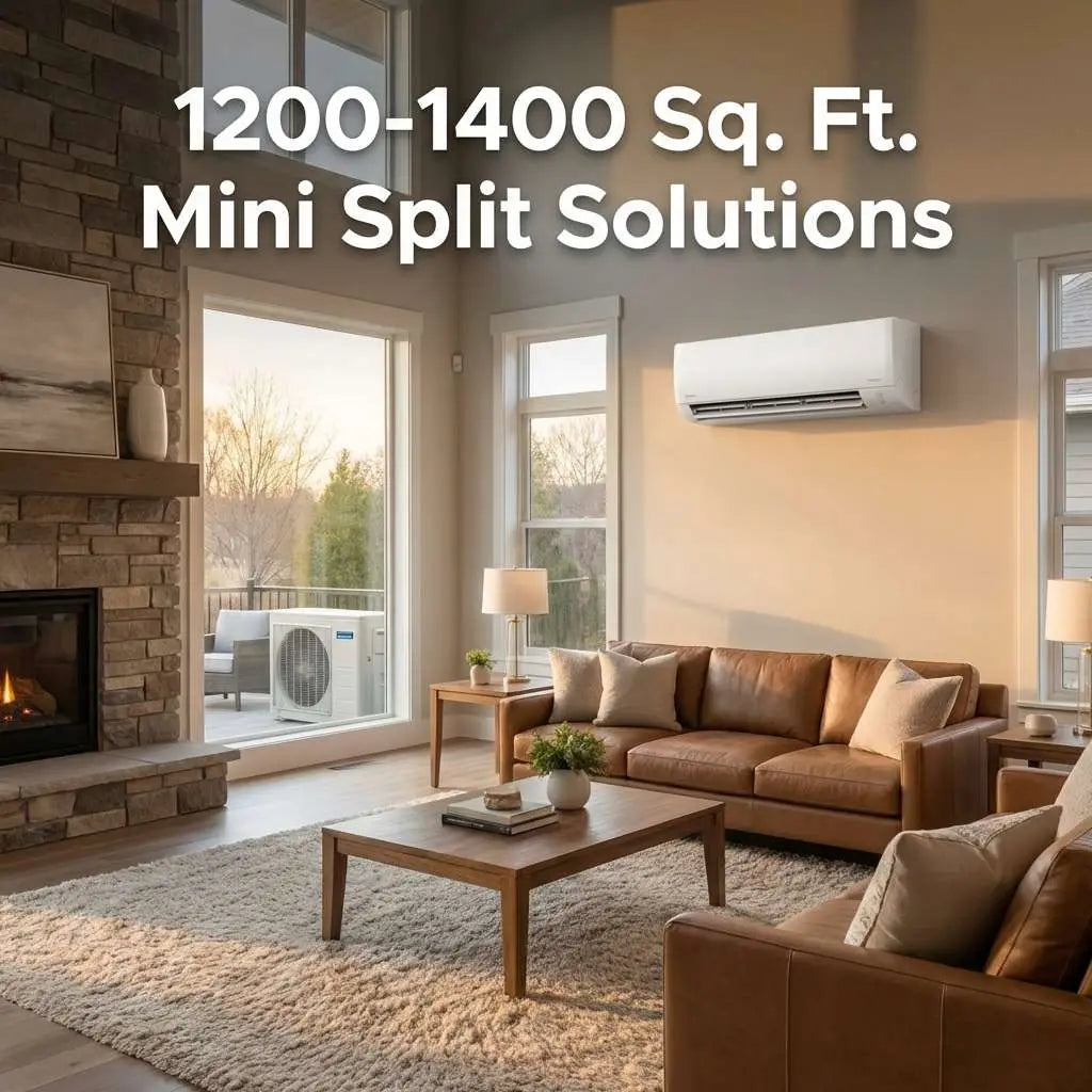 White mini split air conditioner mounted on wall ideal for 1200-1400 sq ft space best buy ac option.