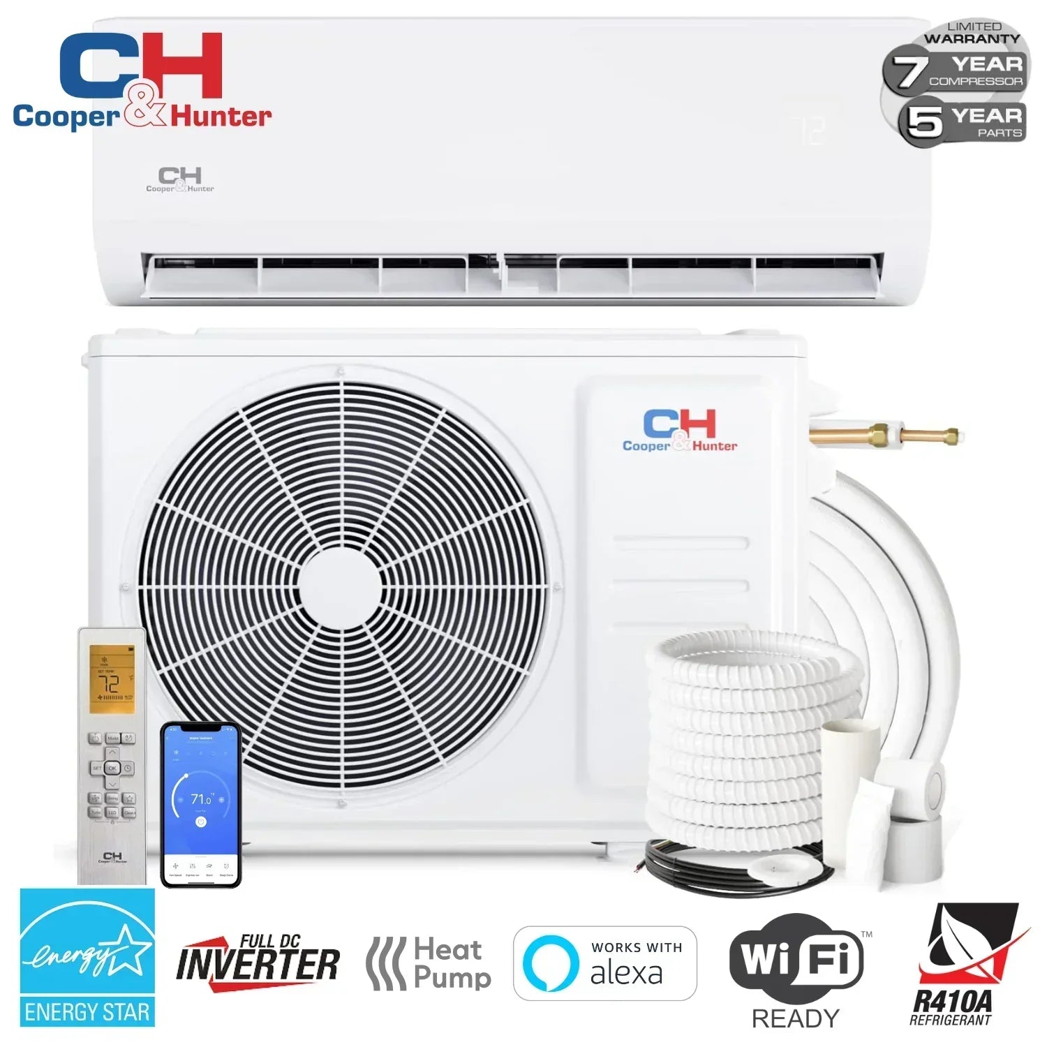 White Cooper & Hunter 18,000 BTU ductless mini split AC with sleek indoor unit