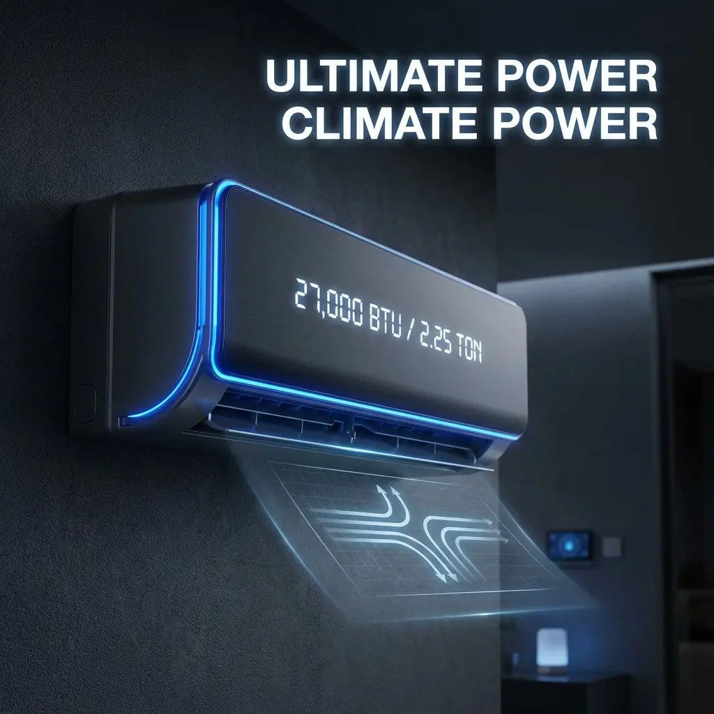Black wall mounted air conditioner with sleek design and blue led accents ideal for best buy ac 27000 btu 2.25 ton