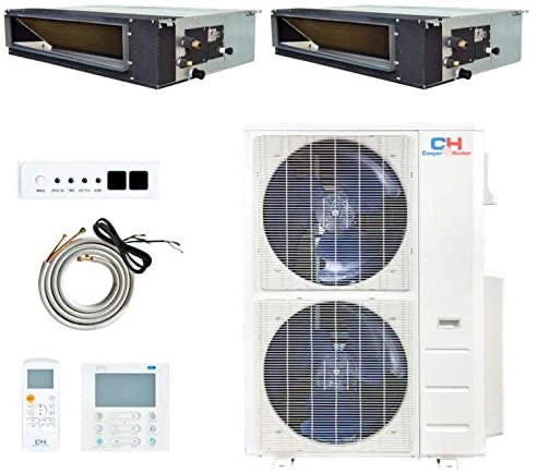 HVAC system components including ductless mini split for 48,000 BTU dual zone setup